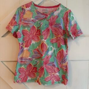 Talbots Multicolor Floral Short Sleeve Tee Size Medium Tropical Stretch‎ Soft